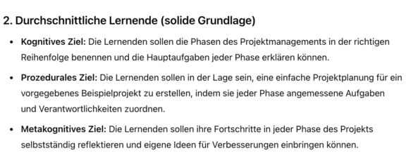 Beispiel Lernzielformulierung mit KI für normale Schüler Ein Auszug aus einer KI generierten Beispiel Lernzielformulierung für durchschnittliche Schüler