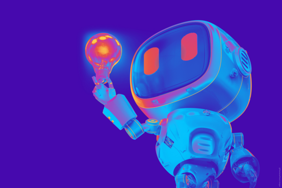 Chatbot mit Glühlampe vor lilafarbenem Hintergrund