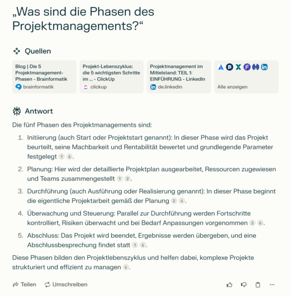 Prompt zu den Phasen von Projektmanagement mit Antwort der KI