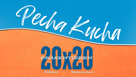 Bild mit der Überschrift Pecha Kucha und der Unterschrift 20 Bilder mal 20 Sekunden präsentieren. Das Bild fässt auf einen Blick das wesentliche über diese Präsentationstechnik zusammen.