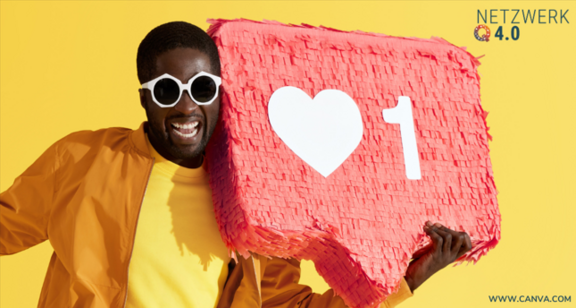 Mann mit Sonnenbrille hält Like-Symbol vor gelbem Hintergrund