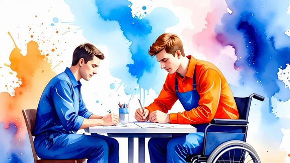 Zwei Männer an einem Tisch, einer sitzt im Rollstuhl, einer auf einem Stuhl.