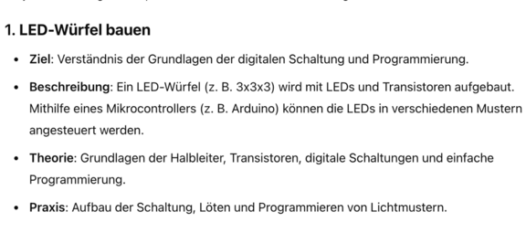 Beispiel Themenfindung mit KI - LED Würfel bauen Eine KI generierte Themenliste zum Thema LED Würfel für Auszubildende