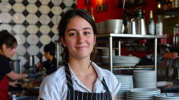Ein junge Frau aus Nordafrika arbeitet in der Küche eines Restaurants