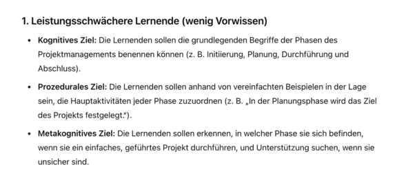 Beispiel KI Persona Lernzielformulierung Leistungsschwache Schüler Ein Auszug aus einer KI generierten Beispiel Lernzielformulierung für Leistungsschwache