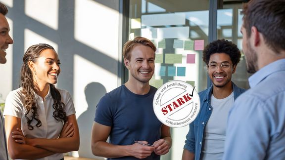 4 junge Menschen diverser Hautfarbe und Geschlecht stehen in einem Raum