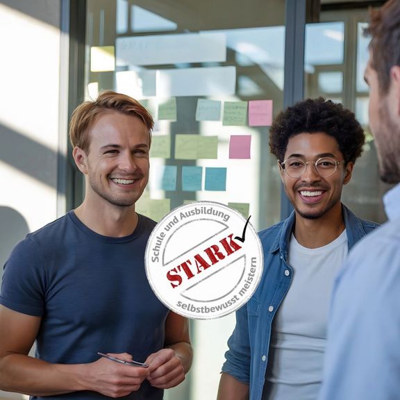 4 junge Menschen diverser Hautfarbe und Geschlecht stehen in einem Raum