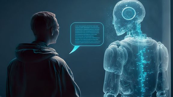 Mensch spricht mit digitalem Hologramm einer KI-Figur