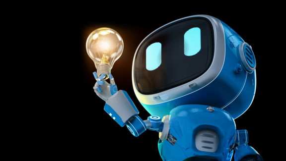 Ein kleiner, futuristischer Roboter in Blau hält in seiner rechten Hand eine leuchtende Glühbirne hoch. Er hat einen schwarzen, rechteckigen Kopf mit einem leuchtenden Gesichtsausdruck und große, runde Augen. Der Hintergrund ist schwarz, wodurch die Figur und die Glühbirne besonders hervorgehoben werden. Das Bild symbolisiert eine kreative oder innovative Idee im digitalen oder technologischen Kontext.
