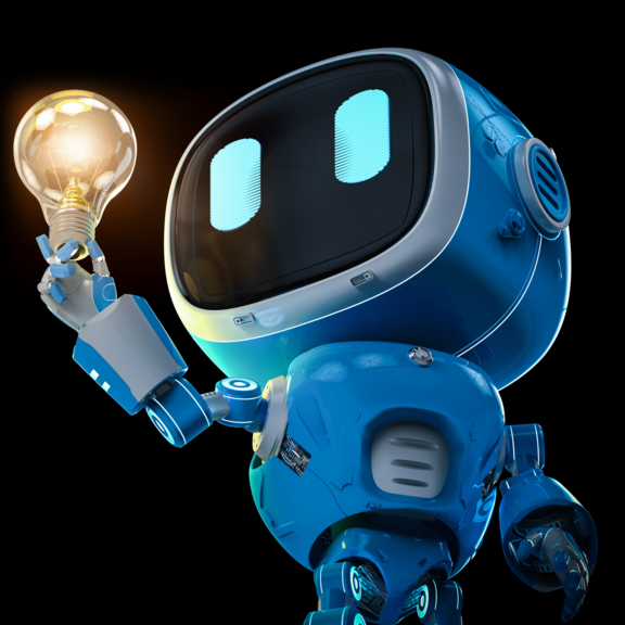 Training_Kreativität_KI Ein kleiner, futuristischer Roboter in Blau hält in seiner rechten Hand eine leuchtende Glühbirne hoch. Er hat einen schwarzen, rechteckigen Kopf mit einem leuchtenden Gesichtsausdruck und große, runde Augen. Der Hintergrund ist schwarz, wodurch die Figur und die Glühbirne besonders hervorgehoben werden. Das Bild symbolisiert eine kreative oder innovative Idee im digitalen oder technologischen Kontext.
