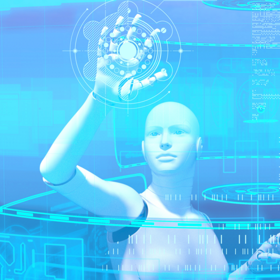 Ein Mensch und ein Roboter arbeiten zusammen in einer virtuellen Arbeitsumgebung.