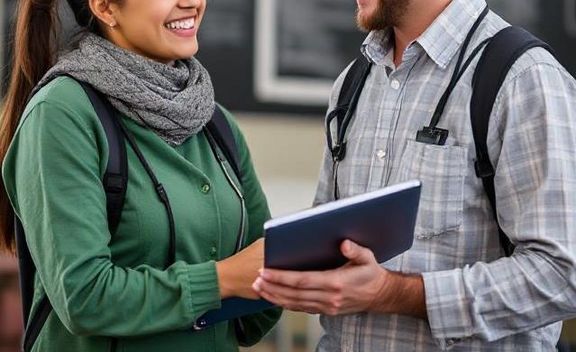 Zwei Mitarbeitende schauen auf ein Tablet