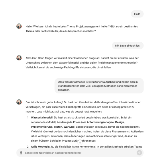 Beispielbild Fachsprache erlernen mit Chatbot Ein Bild eines Chatbots mit Ergebniss