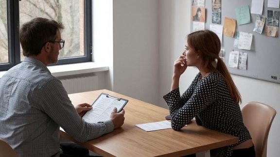Eine Frau und ein Mann, die an einem Tisch sitzen in einem Bewerbungsgesprächsszenario