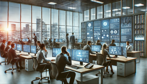 KI generiertes Bild für eine Fallstudie Beispiel eines KI erstellten Bildes, viele Menschen sitzen in einem großen Büro an Ihren Computern und arbeiten an Projekten