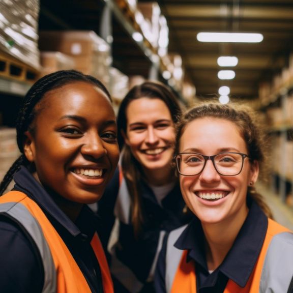 4 junge Frauen in einem Lager