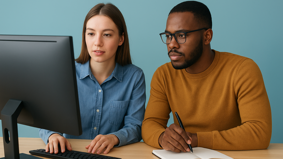 Zwei junge Erwachsene, eine Frau und ein Mann, sitzen gemeinsam an einem Schreibtisch vor einem Computer. Die Frau trägt ein Jeanshemd und schaut konzentriert auf den Bildschirm, während der Mann mit Brille und senfgelbem Pullover Notizen in ein Notizbuch schreibt. Beide wirken fokussiert und arbeiten zusammen in einer ruhigen, hellen Umgebung mit blauem Hintergrund.