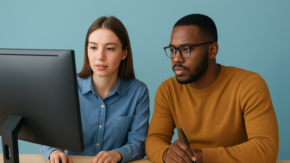 Zwei junge Erwachsene, eine Frau und ein Mann, sitzen gemeinsam an einem Schreibtisch vor einem Computer. Die Frau trägt ein Jeanshemd und schaut konzentriert auf den Bildschirm, während der Mann mit Brille und senfgelbem Pullover Notizen in ein Notizbuch schreibt. Beide wirken fokussiert und arbeiten zusammen in einer ruhigen, hellen Umgebung mit blauem Hintergrund.