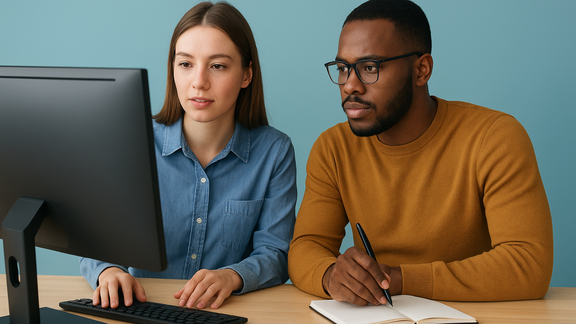 Zwei junge Erwachsene, eine Frau und ein Mann, sitzen gemeinsam an einem Schreibtisch vor einem Computer. Die Frau trägt ein Jeanshemd und schaut konzentriert auf den Bildschirm, während der Mann mit Brille und senfgelbem Pullover Notizen in ein Notizbuch schreibt. Beide wirken fokussiert und arbeiten zusammen in einer ruhigen, hellen Umgebung mit blauem Hintergrund.