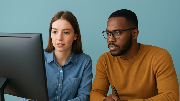 Zwei junge Erwachsene, eine Frau und ein Mann, sitzen gemeinsam an einem Schreibtisch vor einem Computer. Die Frau trägt ein Jeanshemd und schaut konzentriert auf den Bildschirm, während der Mann mit Brille und senfgelbem Pullover Notizen in ein Notizbuch schreibt. Beide wirken fokussiert und arbeiten zusammen in einer ruhigen, hellen Umgebung mit blauem Hintergrund.