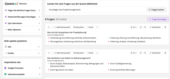 Beispielbild KI-Quiztool Ansicht einer KI Anwendung zur Erstellung von Quizzen