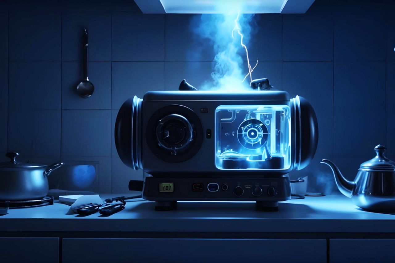 Bild zeigt einen KI generierten futuristischen Toaster, neben ihm steht eine Teekanne