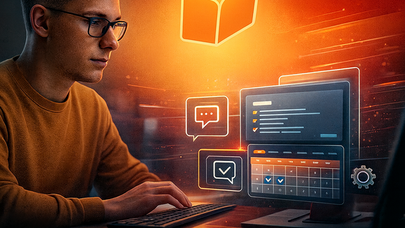Eine Person arbeitet an einem Computer, umgeben von leuchtenden Symbolen für Chat, Aufgabenliste und Kalender