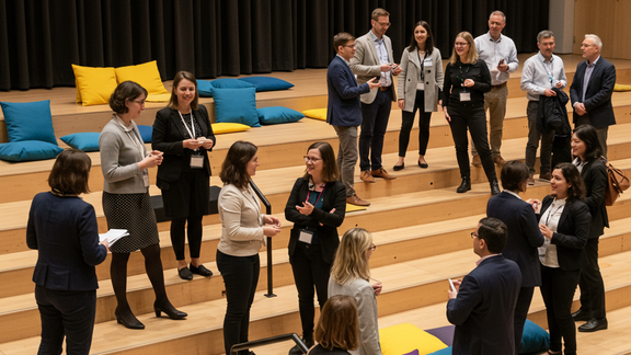 Zu sehen sind mehrere Teilnehmer:innen in einem modernen, lichtdurchfluteten Seminarraum