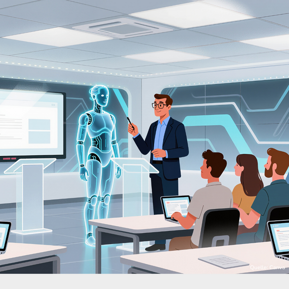 Ein Dozent steht in einem modernen Unterrichtsraum neben einem holografischen Roboter und erklärt einer Gruppe Lernender den Einsatz von KI.