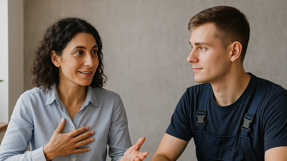Frau im Gespräch mit jungem Mann bei einem Beratungsgespräch am Tisch, beide mit Notizbuch, in heller und freundlicher Büroumgebung.