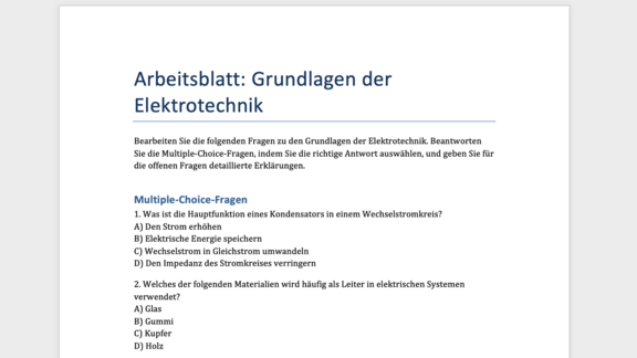 KI generiertes Arbeitsblatt mit Multiple Choice Fragen Ein Arbeitsblatt für Azubis mit Multiple Choice Fragen erstellt mit KI
