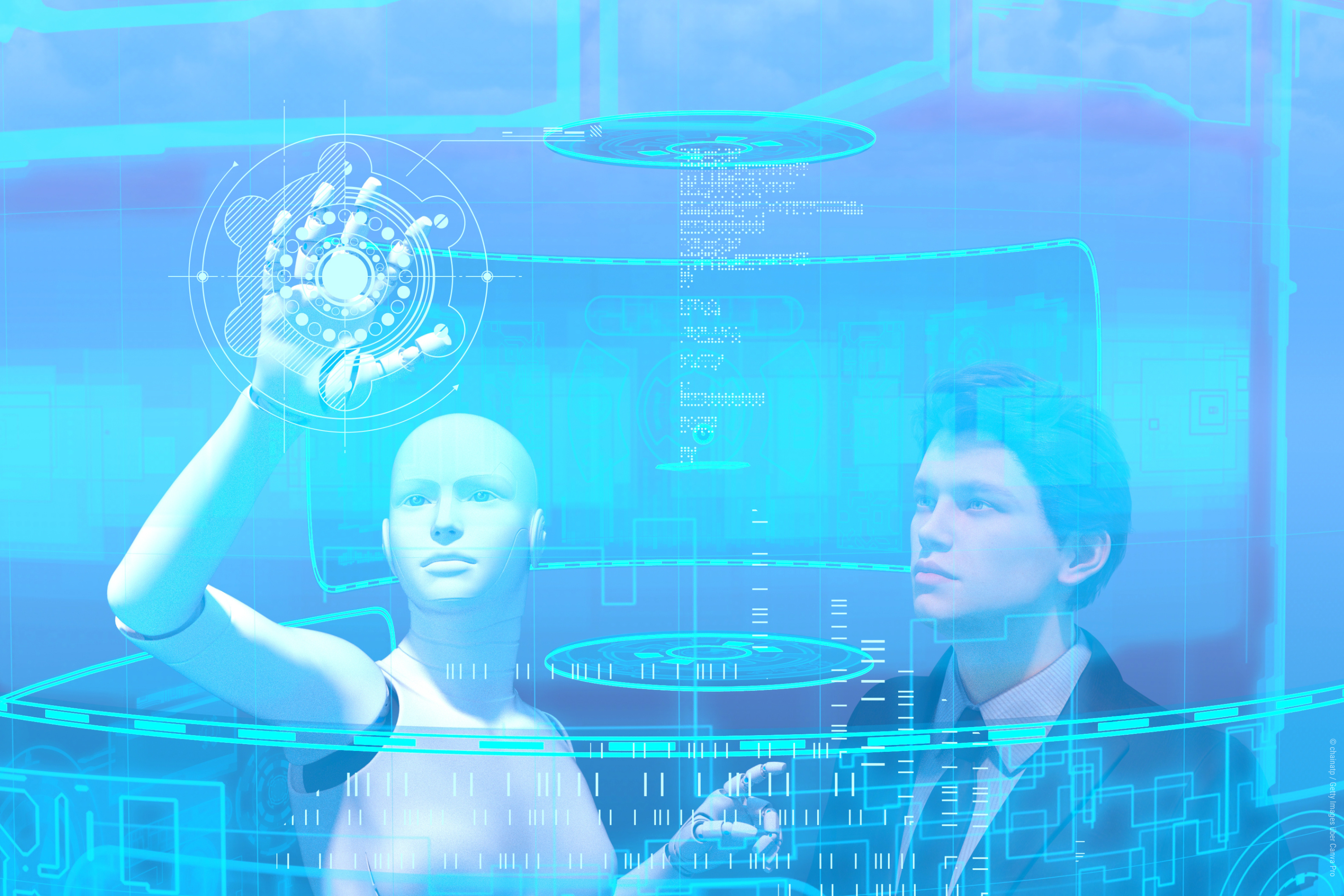 Ein Mensch und ein Roboter arbeiten zusammen in einer virtuellen Arbeitsumgebung. 