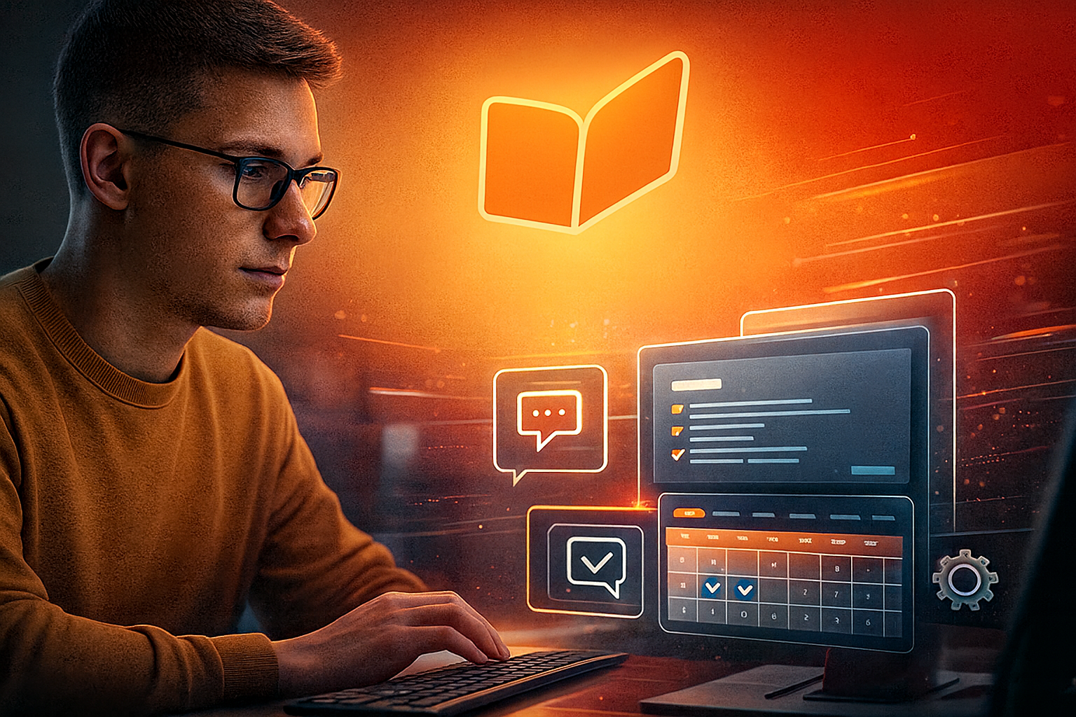 Eine Person arbeitet an einem Computer, umgeben von leuchtenden Symbolen für Chat, Aufgabenliste und Kalender
