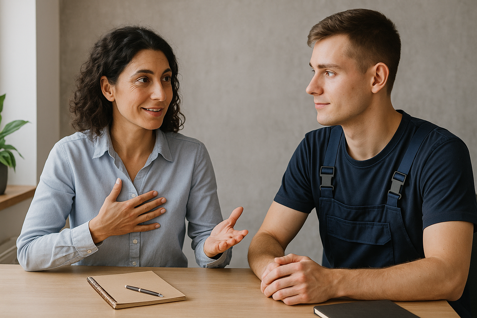 Eine Frau mit lockigen dunklen Haaren in hellblauer Bluse führt ein freundliches Gespräch mit einem jungen Mann in dunkelblauem T-Shirt und Latzhose. Beide sitzen an einem Holztisch in einem hellen, modernen Raum. Vor ihnen liegen Notizbücher und ein Stift, während die Frau gestenreich spricht und der Mann aufmerksam zuhört.