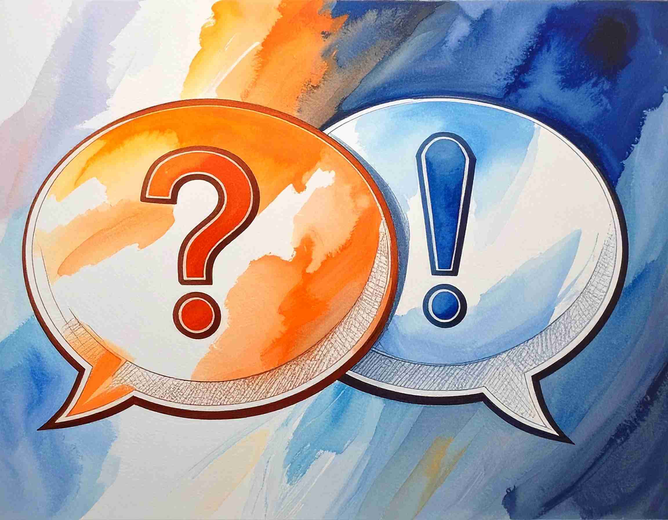 Eine Sprechblase mit Fragezeichen und eine Sprechblase mit Ausrufezeichen. Es geht um Kommunikation.